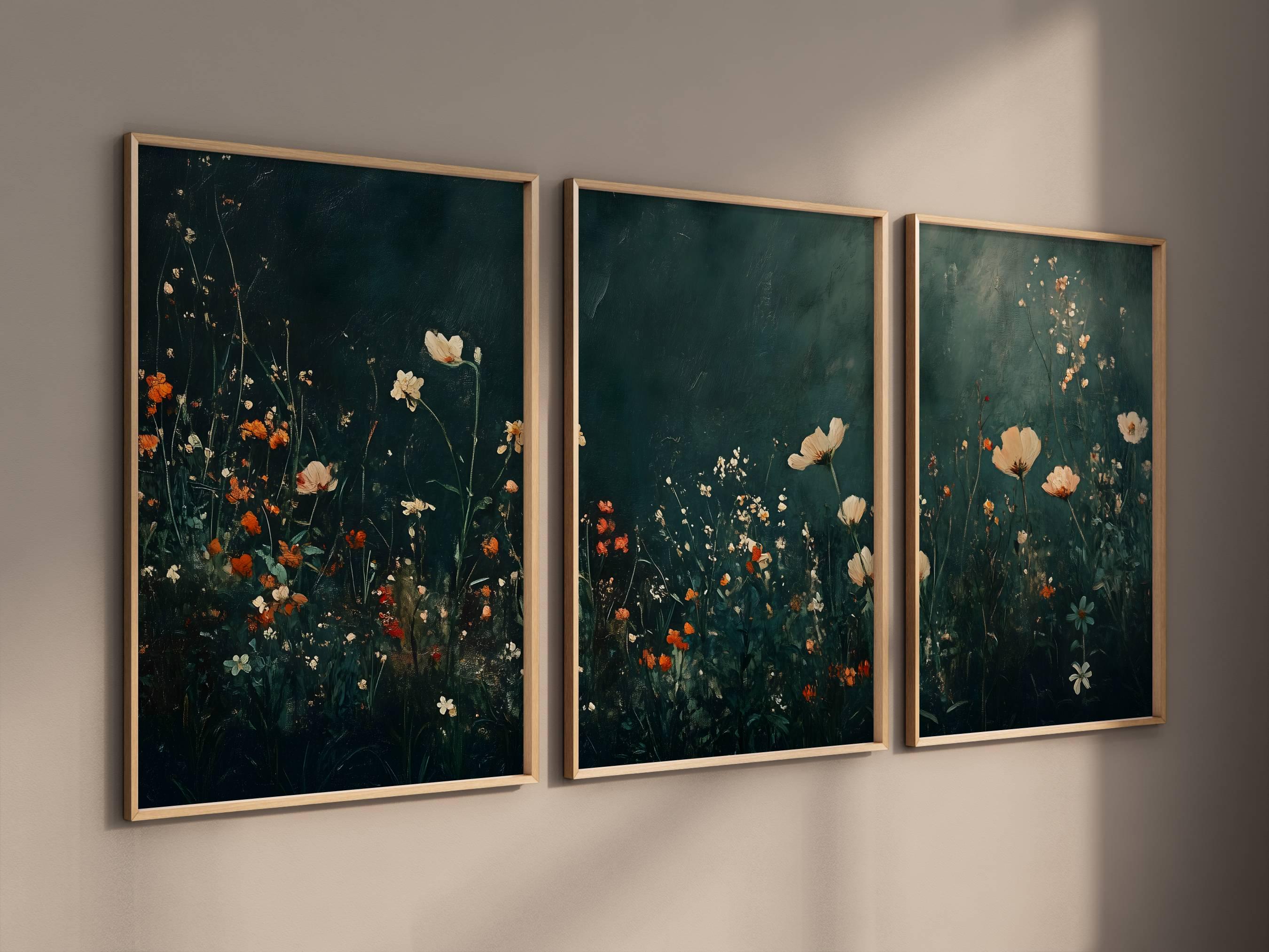 3 Piece Wildflower Field Landscape Print, Triptych Floral Wall Art ...