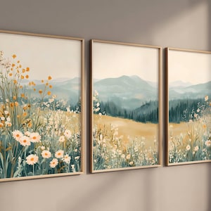 3 Piece Mountain Daisy Wildflower Landscape Print, Triptych Nursery Wall Art, Large Wildflower Living Room Decor, Instant Digital Download