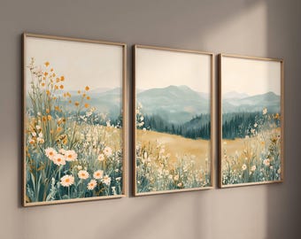 Impression de paysage de fleurs sauvages de marguerite de montagne de 3 pièces, art mural triptyque de chambre de bébé, grande décoration de salon de fleurs sauvages, téléchargement numérique instantané