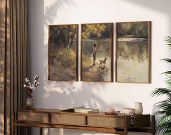 Set of 3 Landscape Print Set, 3 Piece Vintage Farmhouse Wall Art, Vintage River Large Triptych Gallery Wall, Home Decor, Digital Download