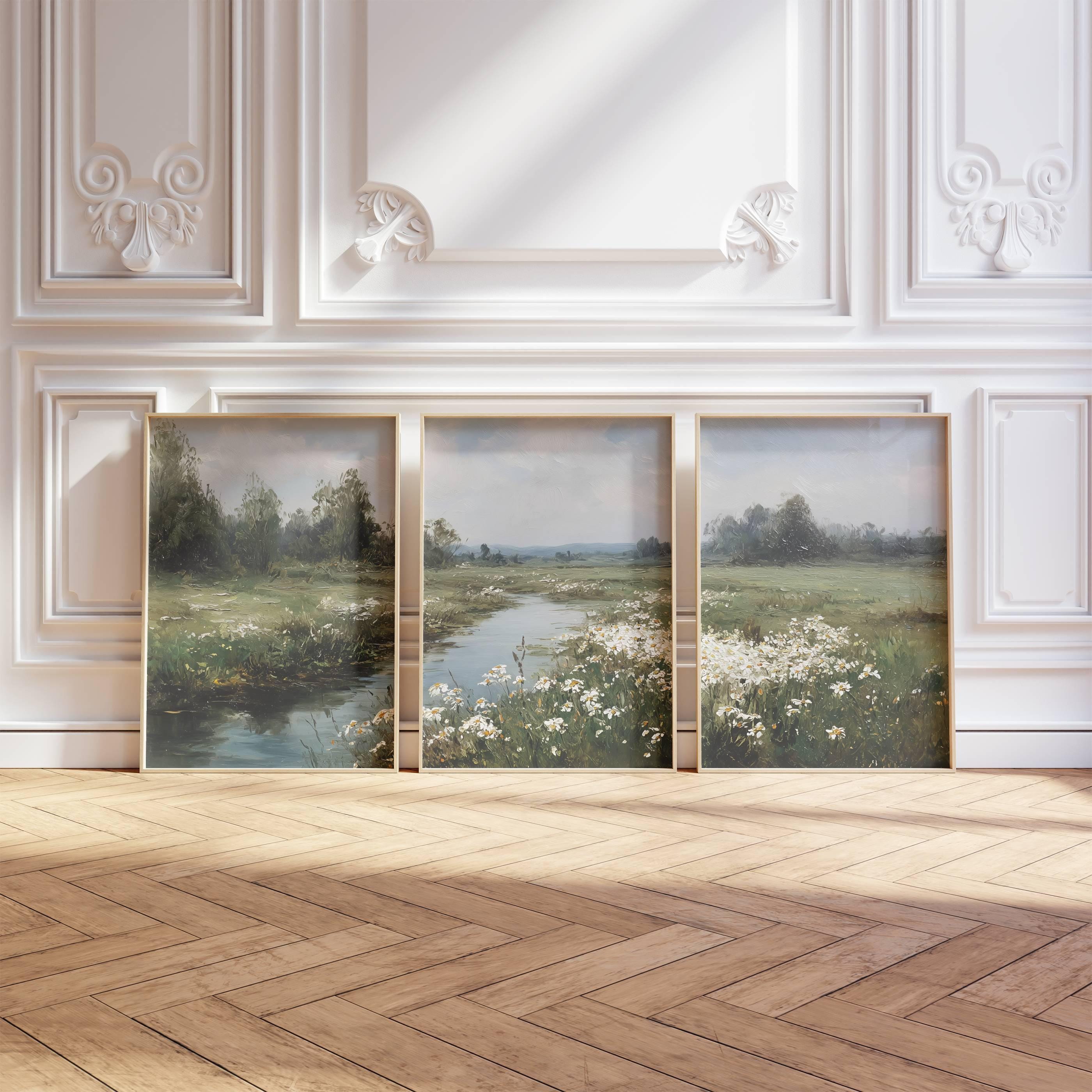 Three Piece Wall Art Vintage Wildflower Landscape Print Triptych Muted ...