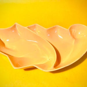 May include: A peach-colored ceramic serving dish with two sections. The dish is shaped like a leaf and has a smooth, glossy finish.
