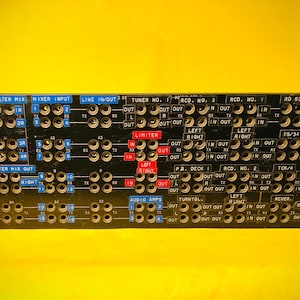 May include: A black metal panel with a grid of holes and labels for audio equipment connections. The labels include "EQ./MASTER MIX", "MIXER INPUT", "LINE IN/OUT", "TUNER NO.", "RCD. NO. 3", "RCD. NO. 2", "TCK/4", "RD 60/V", "LIMITER", "AUDIO AMPS", "TURNTBL.", "RCVER.", "LEFT", "RIGHT", "IN", "OUT", "TX", "RX", "TG/34", "P.B. DECK", "INYS".