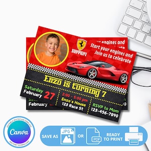 Può includere: Invito di compleanno rosso e nero con una foto di un bambino e una Ferrari rossa sportiva. L'invito dice "Enzo compie 7 anni" e include la data, l'ora e il luogo della festa. Sono incluse anche le informazioni RSVP.