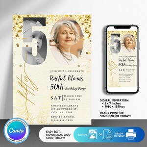 Digital 50th Birthday Invitation For Women, Gold Glitter Birthday Invitation, Elegant Birthday Invitation, Adult Birthday Invitation 50th