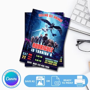 May include: A printable invitation for a How to Train Your Dragon themed birthday party. The invitation features a blue background with images of the characters from the movie. The text on the invitation reads "Calling all Vikings" and "Rodriguez is turning 6".