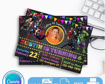 スーパーヒーローの誕生日招待状 | スーパーヒーローの招待状 | 編集可能なスーパーヒーローの誕生日招待状、スーパーヒーローの誕生日招待状
