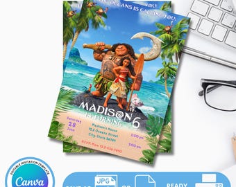 Editable Moana Birthday Invitation | Moana Printable Invitation, Editable Birthday Invitation, Kids Party Template, Editable in Canva