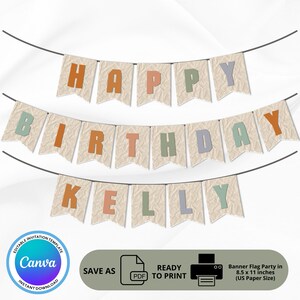 May include: A printable banner with the words "Happy Birthday Kelly" in a rustic style. The banner is made up of individual flags with a beige background and colorful letters. The flags are strung together with a string.