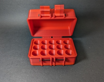 May include: A red plastic storage case with a hinged lid and 16 compartments. The case is open and the compartments are empty.