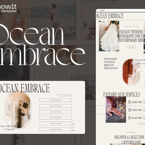 May include: Website template for wedding photographers featuring a couple embracing on a beach with the text "Ocean Embrace" and "Timeless Wedding Photography" in a light brown and white color scheme.