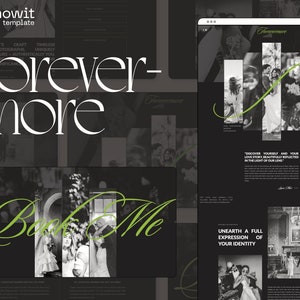 May include: A website template for photographers, featuring a black and white image of a couple with the text "Forever-more" and "Book Me" in green.