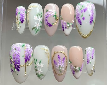 Dreamy Lavender Inspired Press On Nails, Crystal Floral Nail Art, Spring Garden Almond Press Ons, Botanical Nail, Handmade Flower Fake Nails