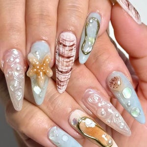 Hand-painted & 3D Sculpted Starfish Press On Nail, Summer Nail Designs, Summer Picnic Ocean Nail Art, Holiday/Party Nails, Made to Order.