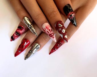 Uñas postizas de mano fantasma pintadas a mano, uñas postizas largas con punta de aguja para Halloween, uñas postizas para Halloween, uñas aterradoras, uñas 3D, uñas de gel, regalo