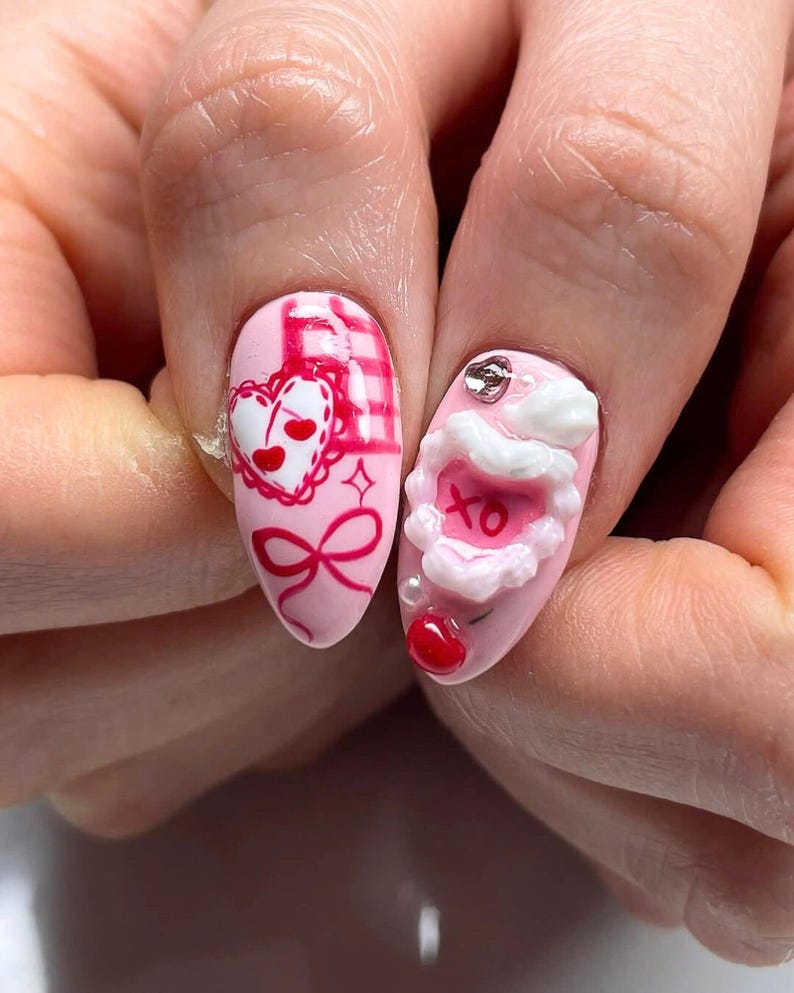 kiss me, glitter nails, birthday nails, gift for her, hand-painted nail glue, Valentine nails, Valentine nail set, valentines nails press on nails, nail art, nails, heart nails, fake nails, coffin nails, glue on nails, handmade nail art