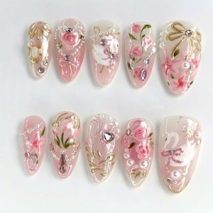 Custom Romantic Swan & Flower Press-On Nails, Spring Almond Nail in Fake Nails, Valentine Nail Set, Vintage Rose Press Ons, Gift For Her