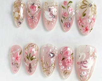 Uñas postizas personalizadas con diseño romántico de cisne y flores, uñas postizas con diseño de almendra primaveral, juego de uñas para San Valentín, uñas postizas con diseño de rosas vintage, regalo para ella
