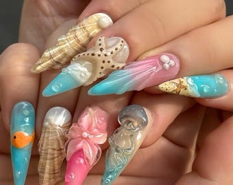 Handmade Ocean Press On Nails, 3D Starfish Shell Jellyfish Coral Design, Mermaid Beach Summer Nails, Nautical Nail Art Set, Long Almond Nail