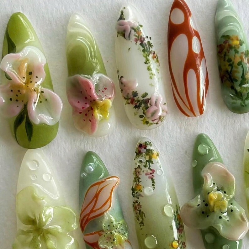 free style nails, butterfly nails, dreamy nails, wedding nails, press on nails, acrylic press on, 3d gel nail, press ons, nails press on, gift for her, fake nails, custom nails, flower nails, green nails,