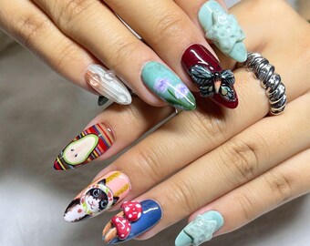 Hand-Painted Cute Animal Press On Nails, Kawaii Cat, Bunny & Forest Nail Art, Unique Whimsical Design, Custom Handmade Nails, Gift for Her