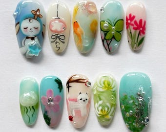 Unique Design Press On Nails, Cartoon Fake Nails, Whimsical Anime Nail Art, Japanese Nails, Trendy Nails, Chinese Nails, Custom Fake Nails.