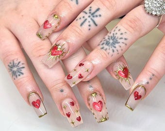 Coeurs pressés 3D sur les ongles, élégant jeu de clous cercueil, ongles pour la Saint-Valentin, ongles roses, ongles classiques, faux ongles en acrylique personnalisés, vernis à ongles en gelée.