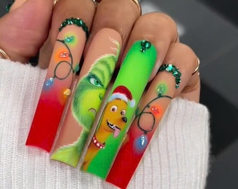 Christmas Lights Press On Nails, Christmas Theme  Nail Art in Fake Nails With Lights, Grinch for Christmas Holiday, Custom Christmas gift.