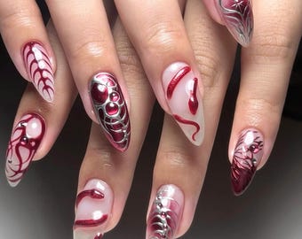 Handmade Red Snake Press On Nails, Medium Almond Nails, Kawaii Nail Art, Snack Nails, Trendy Asian Nails, Japanese Nails, Chinese Nail Set.