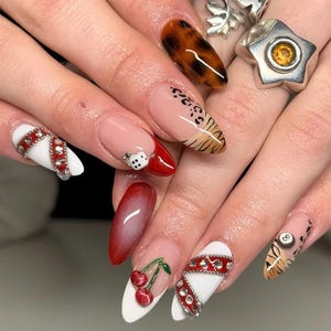 Autumn Party Press On Nails, Medium Almond Nails With Red Cherries, Cheetah Print, Unique Nail Art for Casino Lover, Billiards Nail, Gifts.