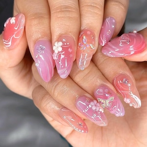 Fairy Tale Floral Press On Nails Almond, Jelly Pastel Flower Nail Set, Dreamy Crystal Butterfly Press Ons, Romantic Nail Art in Fake Nails.