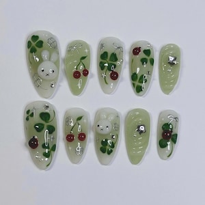 Green Clover Press On Nails, Almond Nail Set with 3D Miffy, Cherry, Ladybug, Kawaii Miffy Bunny Nail Set, Cute Nails, Nail Charms, Gifts.