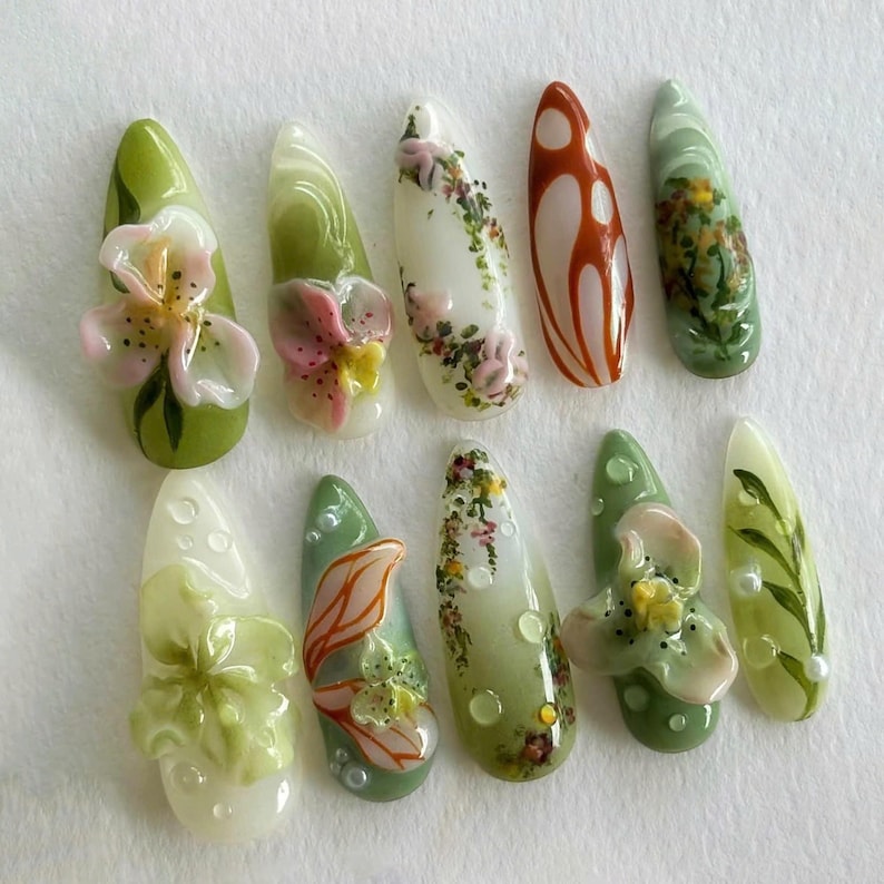 free style nails, butterfly nails, dreamy nails, wedding nails, press on nails, acrylic press on, 3d gel nail, press ons, nails press on, gift for her, fake nails, custom nails, flower nails, green nails,
