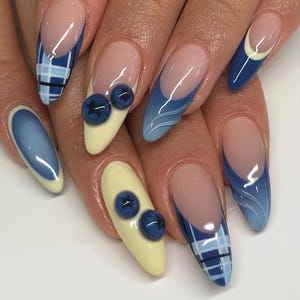 Handmade Blue and Yellow Press On Nails, Almond Nail Set with Chic Plaid, Blueberry, Summer Nails, Holiday/Party Nails, Reusable Nails, Gift