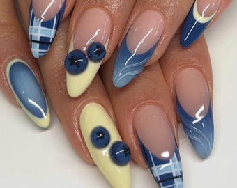Handmade Blue and Yellow Press On Nails, Almond Nail Set with Chic Plaid, Blueberry, Summer Nails, Holiday/Party Nails, Reusable Nails, Gift