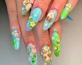 Funny Cartoon Press On Nail, Spring Neon Green and Blue 3D Baby Duck Design, Custom Nature-Themed Duck & Flower Nail, Duck Nail, Animal Nail