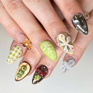 Handmade 3D Fruit Garden Press On Nails, Almond Nails with Cute Apple, Ladybug, Flower, Gingham, Kawaii Fake Nails for Nature Lovers, Gift.
