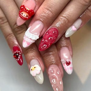 Cute Handmade Press On Nails, Almond Nail Set with Kawaii Strawberry Bear, 3D Cherry & Heart Nail Art, Sweet Pink Korean Style False Nails.