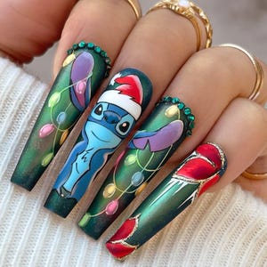 Cute Stitch on Christmas Eve Press On Nails, Long Coffin Nail Set With Christmas Lights, Custom Fake Nail Art for a Christmas-Chic Look.