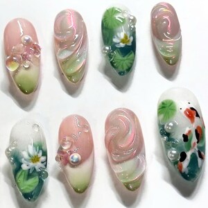 nail art, press on nails, fake nails, free style nails, unique design nails, custom nails, trendy nails, statement nails, hand-painted nails, elegant nails, party nails, french tip nails, koi nails, koi fish nails, lotus nails, Asian nail art