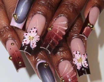 Brown Coffee Square Press On Nails, French Tips Nail Art, Neutral Tone Nails, Fake Acrylic Nails, Flower Nails, Autumn Nails, Reusable Nails