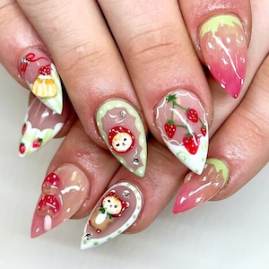 Strawberry Press On Nails, Cute Kawaii Fake Nails, Handmade Pastel Summer Nails, Fruit Dessert Nail Art, Reusable False Nails, Gift for Her
