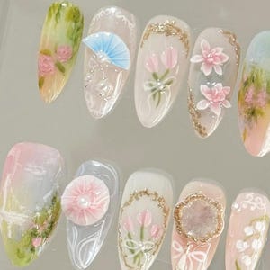 Press On Nails, Spring Nails, Flower Nail Designs, Fairy Tale Nails, Butterfly Nails, Spring floral press-on nails, 3D lotus nails, almond nail art, fairytale flower nails, glue-on nails, pink nails, party nails, gift for her, unique nail art