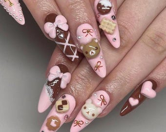 Sweet Party Press-On Nails, Hand-painted Cute Cakes Nail Art, Long-Lasting Vibrant Fake Acrylic Nails, Birthday, Party, Holiday Nails, Gift.