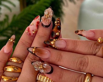 Brown Nails Press On Nails, Crystal 3D Flower with Charm Fake Nails for Fall Lover, Summer-Autumn Nails, Cute Valentine Nails, Gift for her.