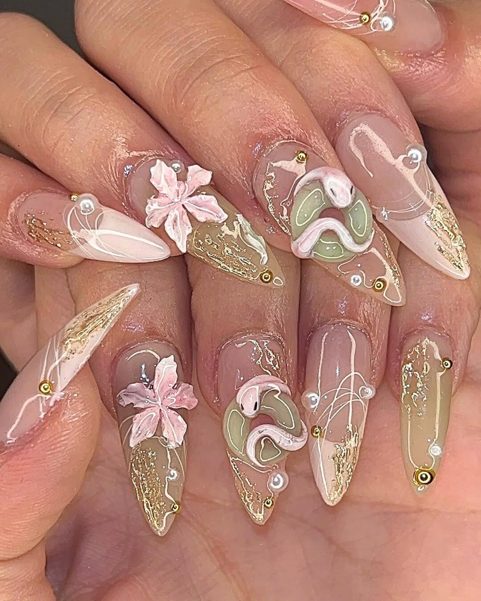 Trendy Asian Inspired Nail Art with Snake, Lotus Flower, Jade, 3D Sculpted Snake Press On Nails, Wild Natural Nail Set, Canival Fake Nails.