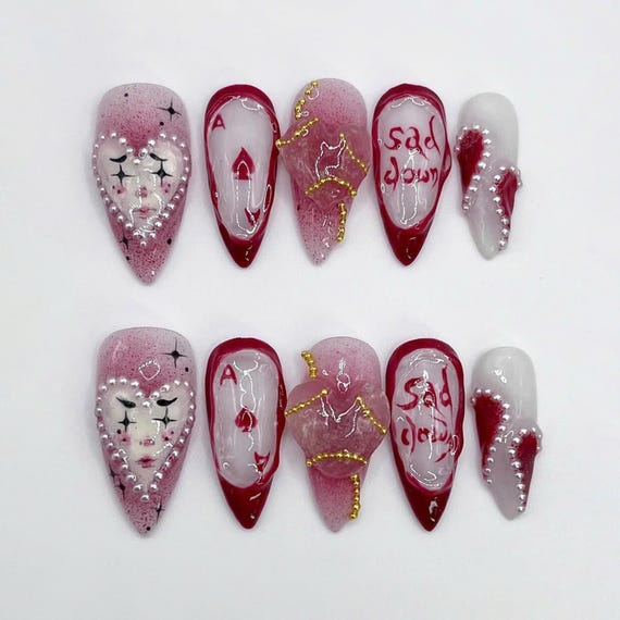 Pink Clown Press-On Nails, Almond Nail Set with Playful Designs, Playing Cards and 'Sad Down' Lettering, Unique Nail Art for Holiday, Gifts.
