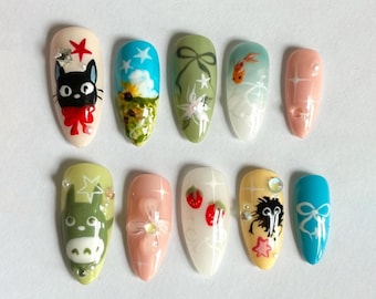 Kawaii Anime Design Press On Nails, Studio Ghibli-Inspired Nail Art, Totoro and Kiki Fake Nails, Whimsical Anime Nail Art, Japanese Nails.