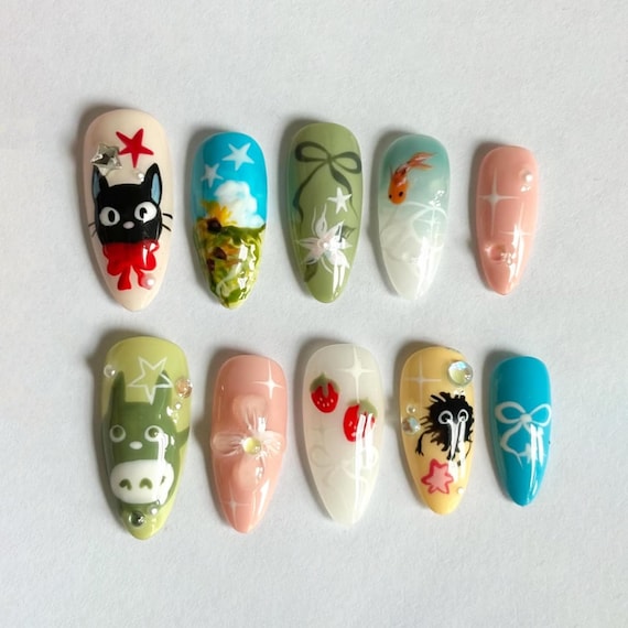 Kawaii Anime Design Press on Nails, Studio Ghibli-inspired Nail Art, Totoro and Kiki Fake Nails, Whimsical Anime Nail Art, Japanese Nails - Canada