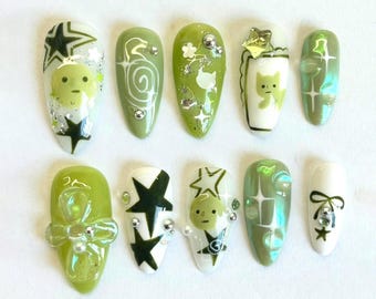 Handmade Smiski Press On Nails, Kawaii Smiski Theme Fun and Playful Press-On Nails, Custom Smiski Inspired Design Nail Art, Japanese Nails.